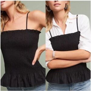 Anthropologie Maeve Black Smocked Ruffle Hem Top Linen Cotton XS Coquette Preppy